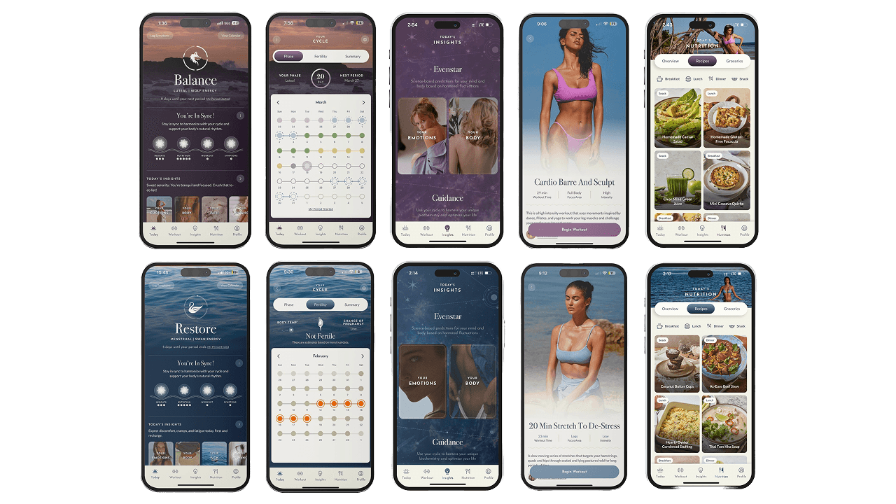 28 App Screenshots showing cycle-based wellness features